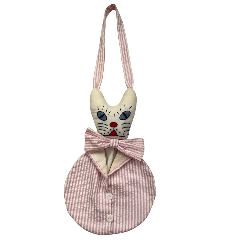 Vintage Handmade Cat Tote Bag Pink Seersucker Stripe Soft Sculpture Folk Art